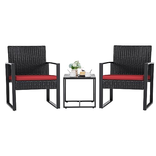 Flamaker 3 Pieces Patio Set Outdoor Wicker Furniture Sets Modern Rattan Chair Conversation Sets with Coffee Table for Yard and Bistro (Black)