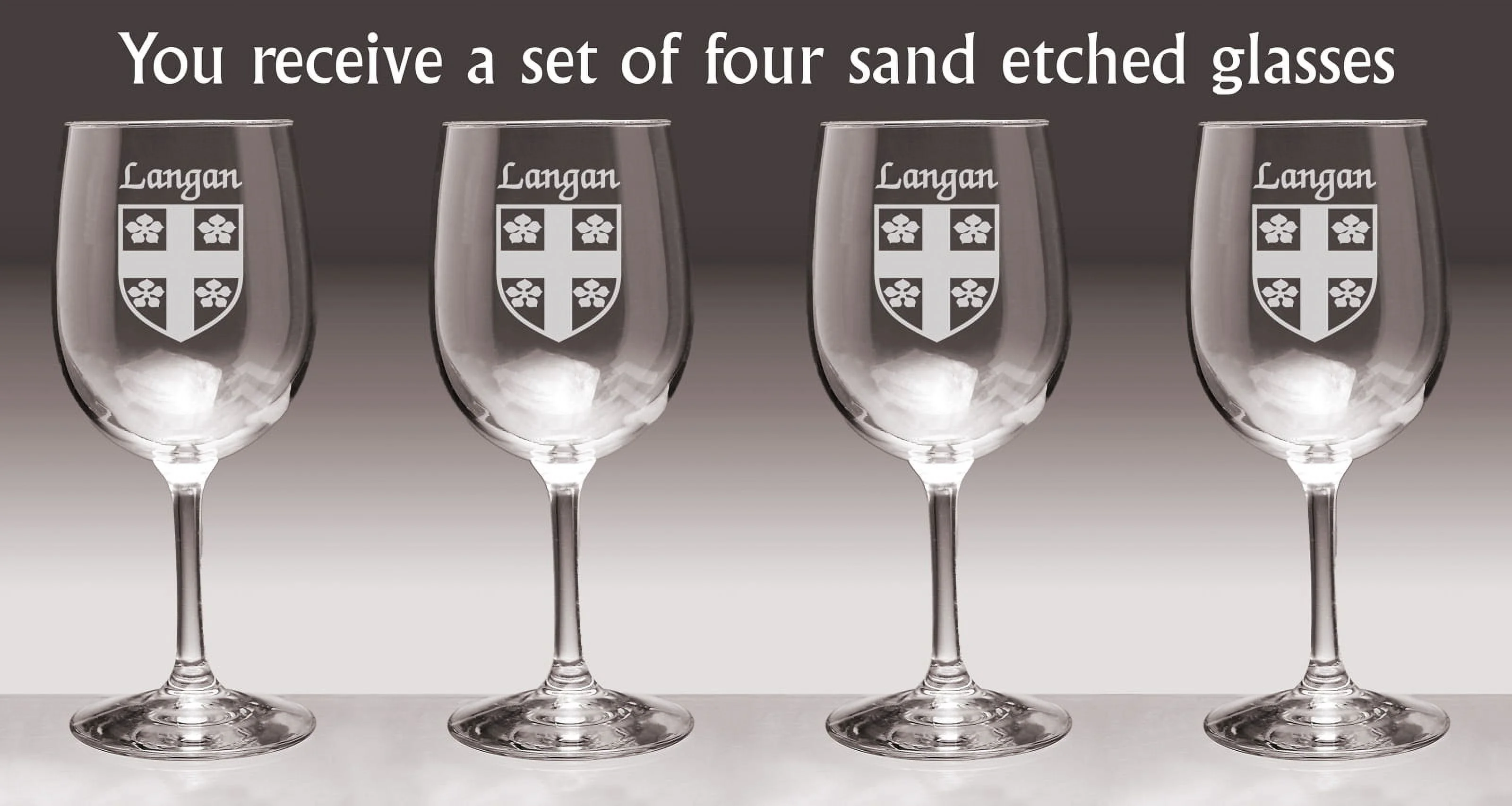 Langan Irish Coat of Arms Wine Glasses - Set of 4 (Sand Etched)