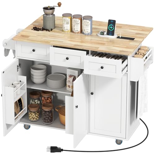 HOMCOM Rolling Kitchen Island with Power Outlet and Drop Leaf, 53
