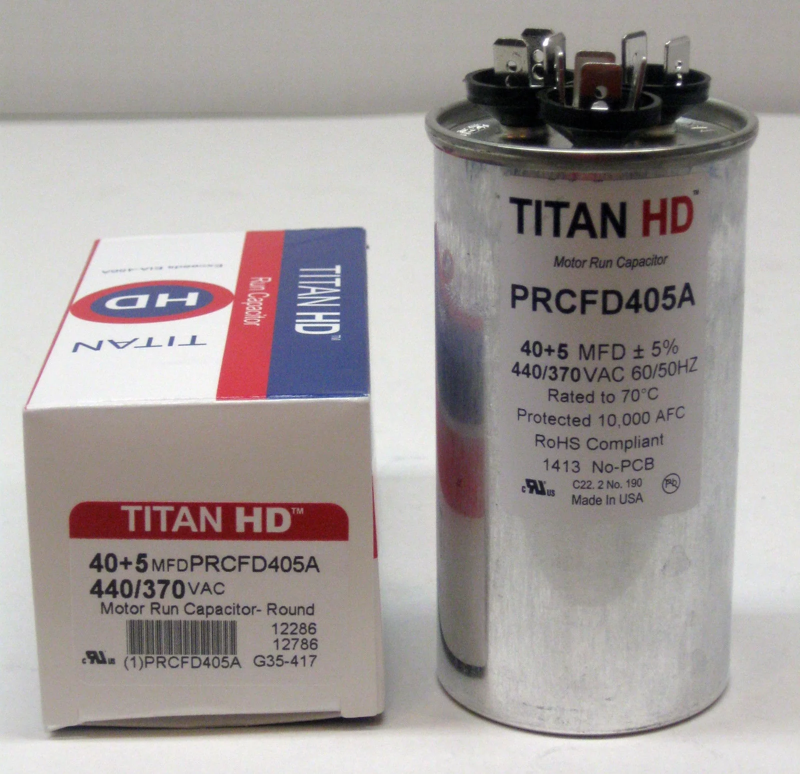 TitanHD PRCFD405A American-Made HVAC Round Motor Run Dual Capacitor. 40/5 MFD/UF 440 Volts