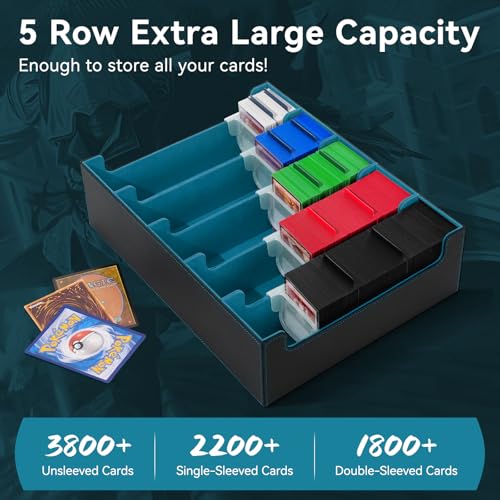 Trading Card Storage Box, 3800+ with 20 Colorful Dividers&5 Supporters, Leather Magnetic Closure Storage Box, Card Deck Box for YuGiOh, MTG, Black/Red
