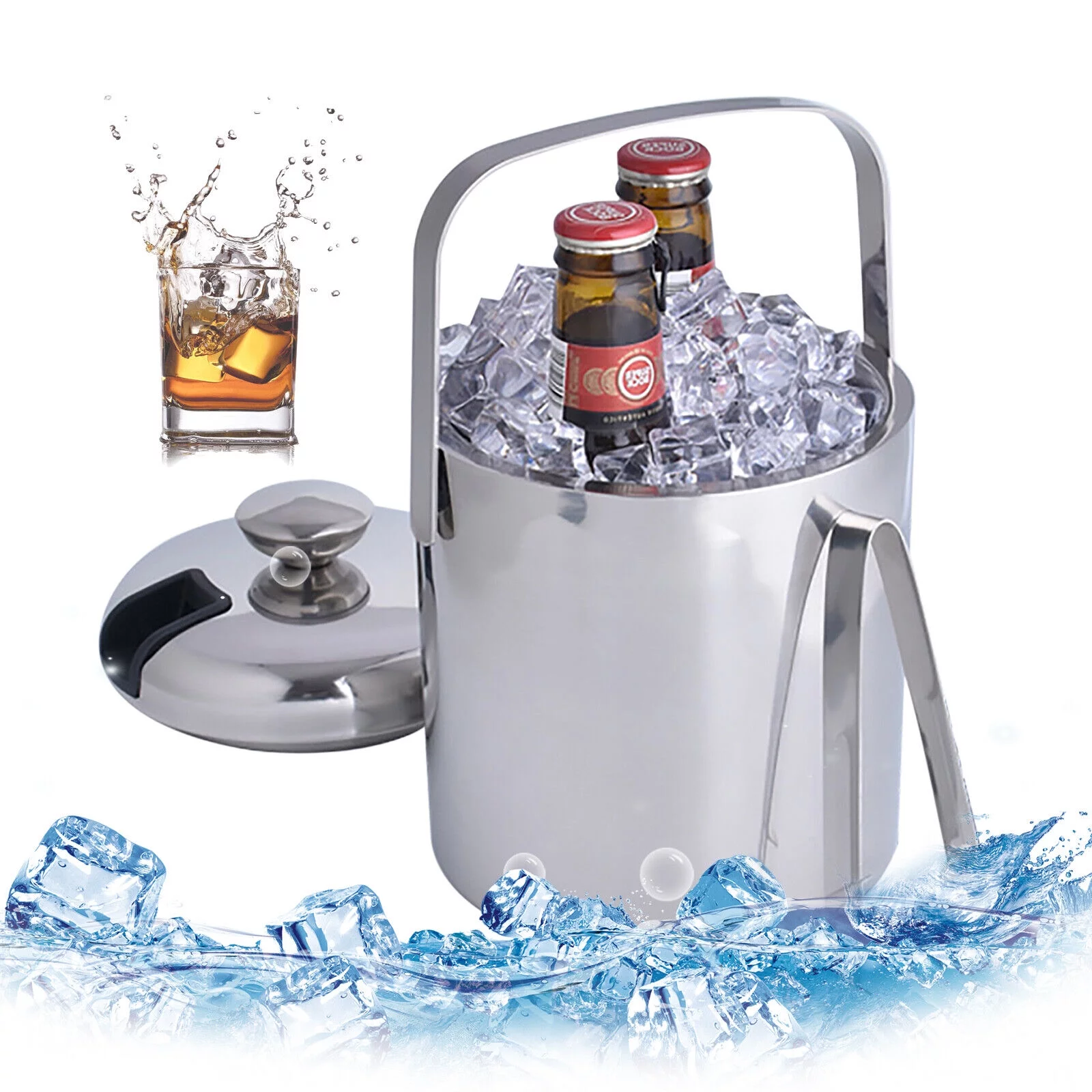 YIYIBYUS Stainless Steel Ice Bucket Double Wall Insulated Ice Bucket Champagne &Wine Bucket1.3L with Lid Strainer and Ice Tong
