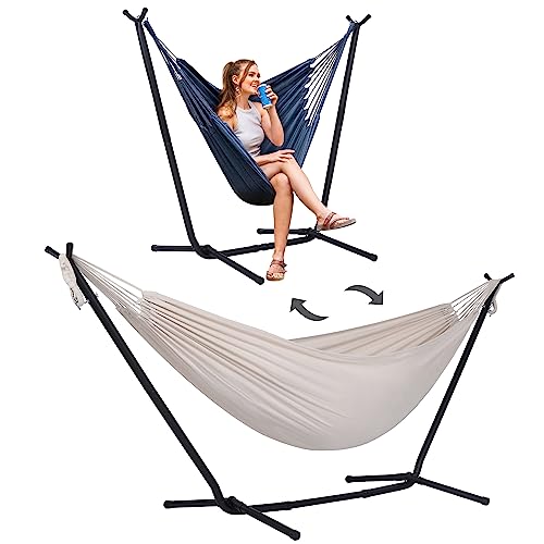 SUNCREAT 2-in-1 Hammocks Hammock Chair with Stand, 475 lbs Capacity, Heavy Duty Two Person Hammock with Stand, Patent Pending, Blue Stripe