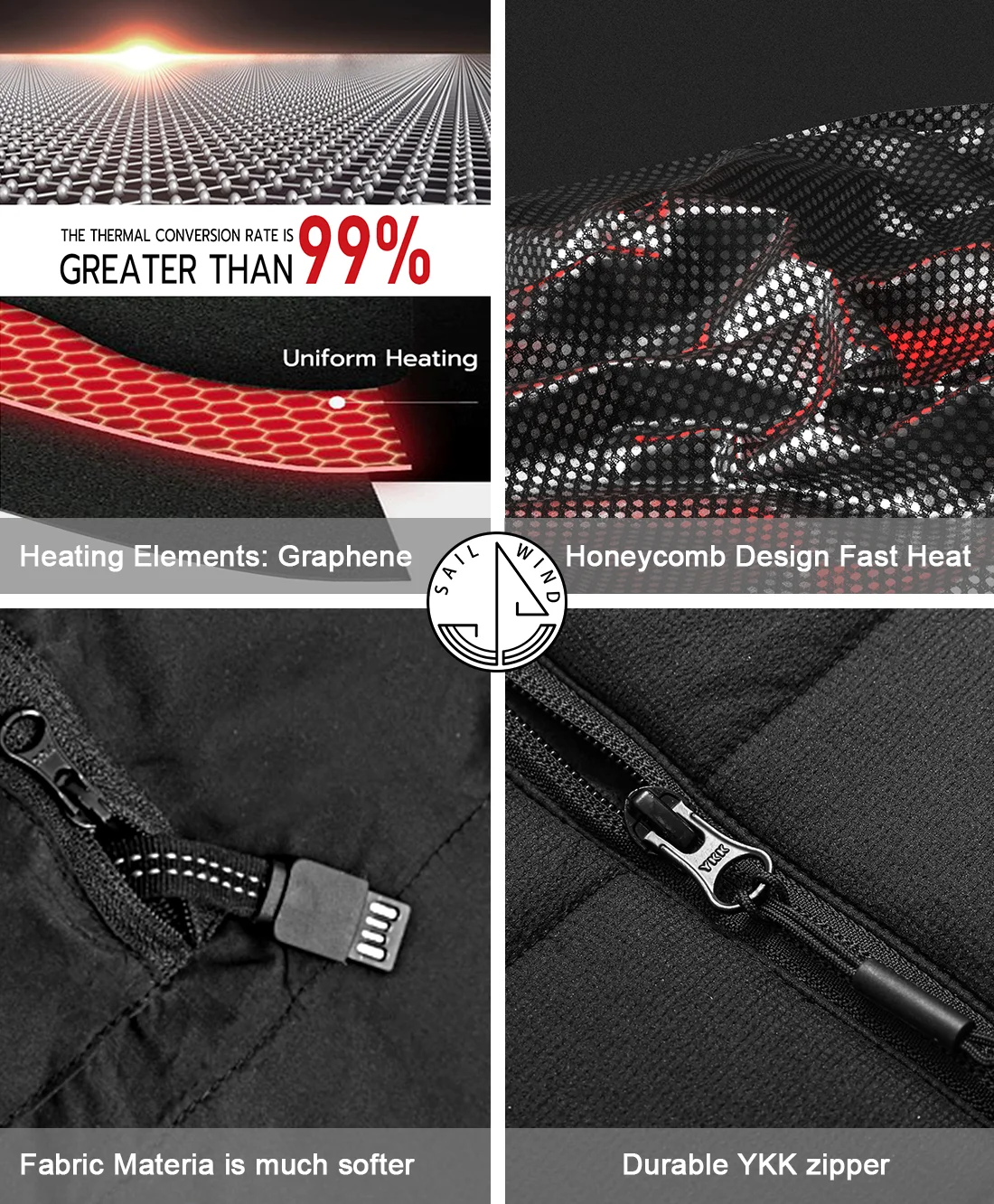 SAILWIND Men's Lightweight Heated Vest Smart Electric Rechargeable Jacket With Removable Hood (Battery Included)