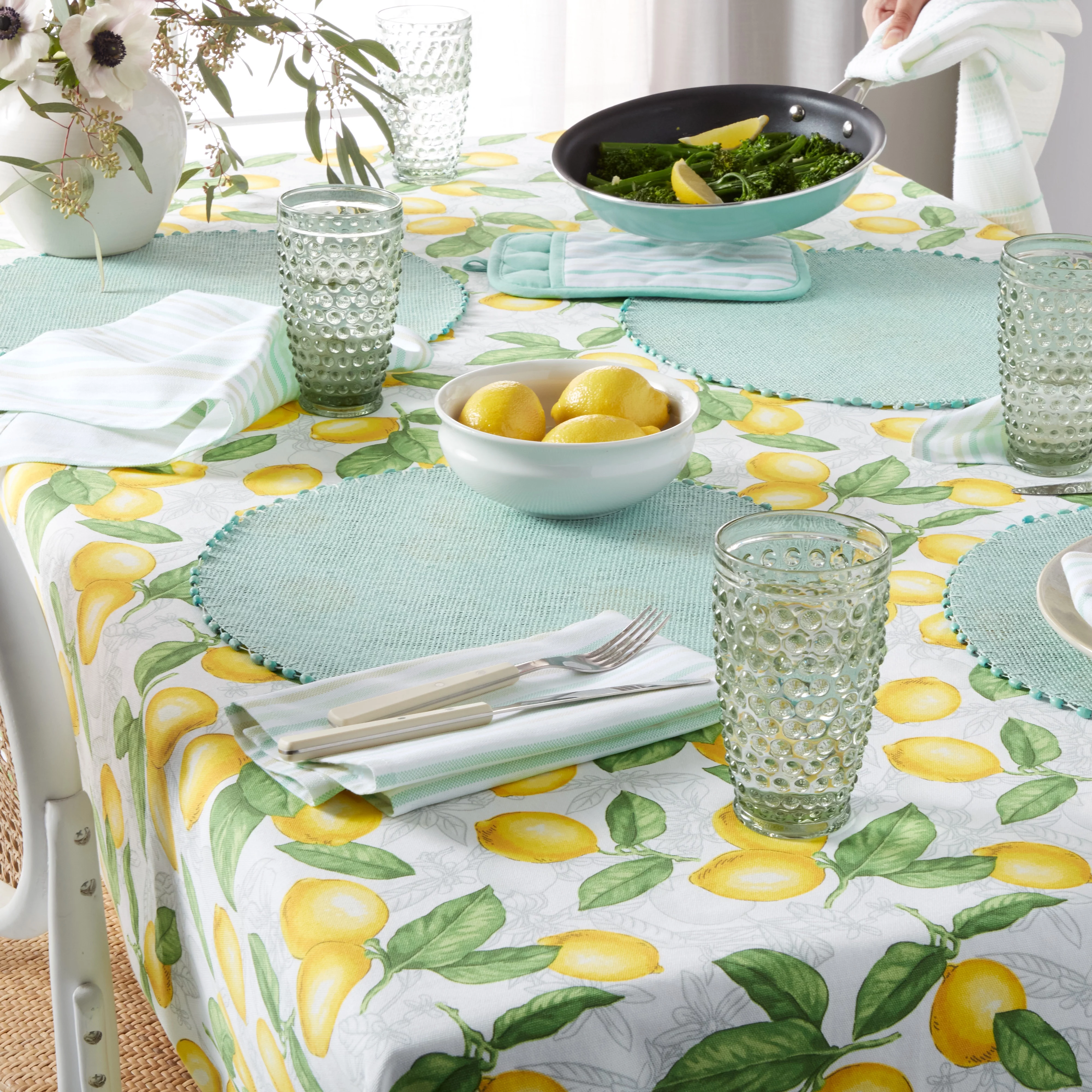 Martha Stewart Lots of Lemons Fabric Tablecloth Single Pack, White/Yellow, 60