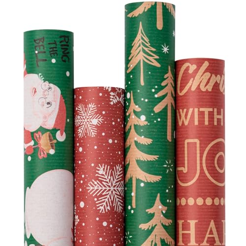 RUSPEPA Christmas Kraft Wrapping Paper - Owl, Reindeer, Christmas Ball and Text Design - 4 Rolls - 30 inches x 10 feet per Roll
