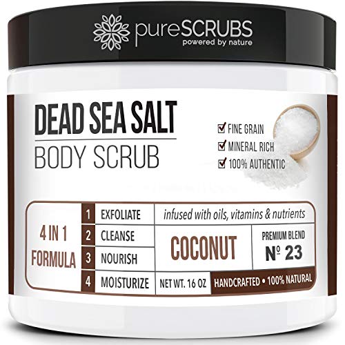pureSCRUBS Premium Eucalyptus Body Scrub Set - Large 16oz Dead Sea Salt Body Scrub With Infused Essential Oils & Nutrients, Includes Wooden Spoon, Loofah & Oatmeal Exfoliating Bar Soap