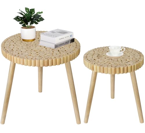 Round Coffee Table Set of 2, Natural Boho Side Table, Small Mid Century Modern Rattan End Tables for Living Room Bedroom Office