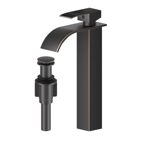 RUMOSE Tall Matte Black Bathroom Faucet with Pop Up Drain Modern Single Handle One Hole Bathroom Vessel Sink Faucet Waterfall Spout Rv Lavatory Vanity Faucet Deck Mount Mixer Tap, Stainless Steel