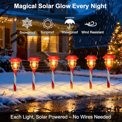 6 Pack Solar Pathway Lights Outdoor Christmas Decorations, Waterproof Candy Cane Christmas Pathway Lights for Yard, Walkway, Driveway, Garden Decor, Solar Powered Outdoor Lights for Xmas Gifts
