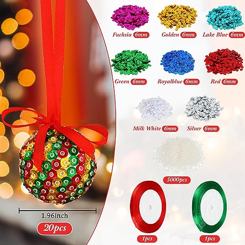 Liliful 20 Sets Christmas Crafts Sequin Ornaments Kit Includes Foam Balls Sequins Christmas Crafts Christmas Tree Ornaments DIY Crafting for Christmas Holiday Party (Classic)