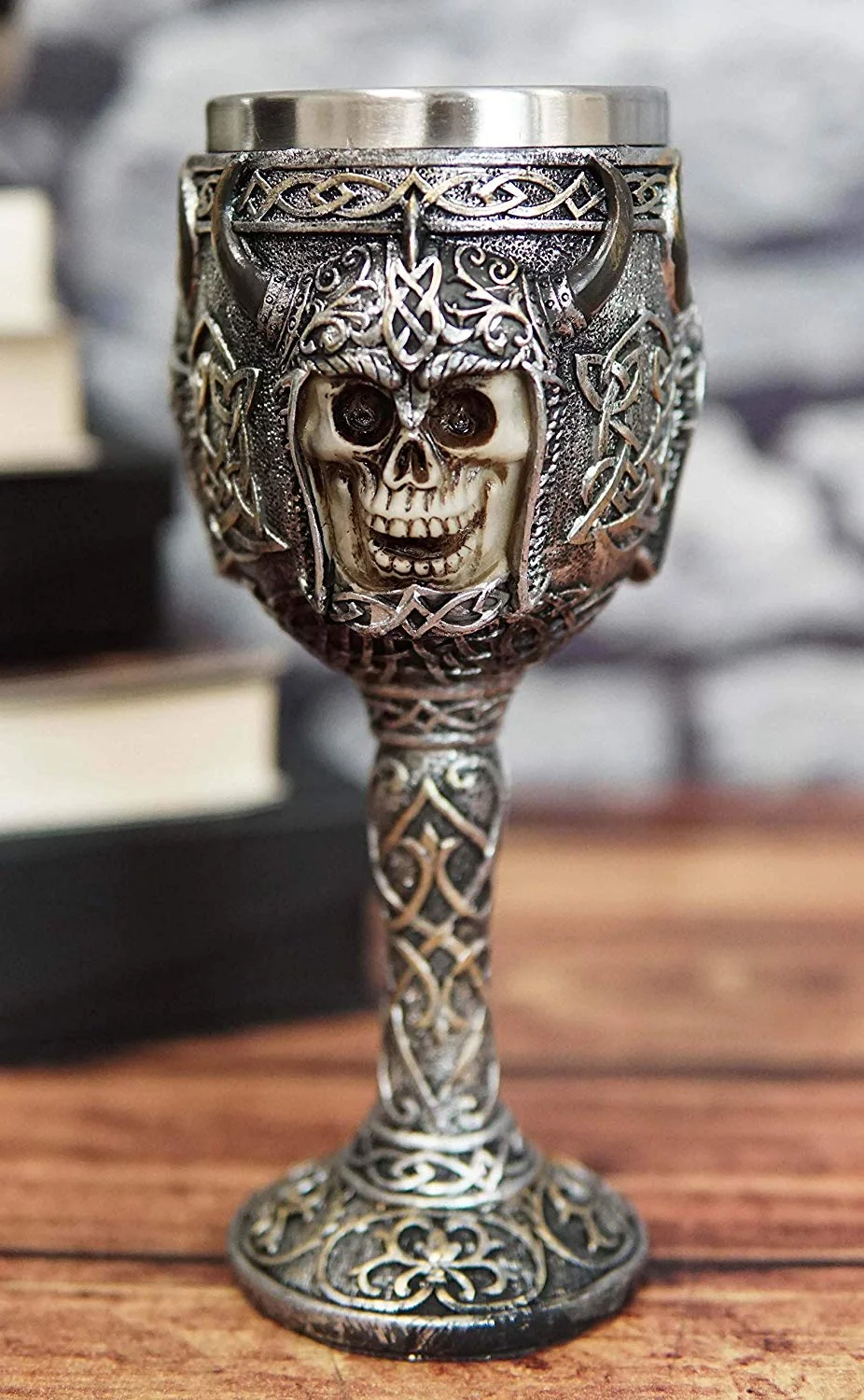 Ebros Viking Skull With Bison Horned Helmet Wine Goblet Chalice 7.5