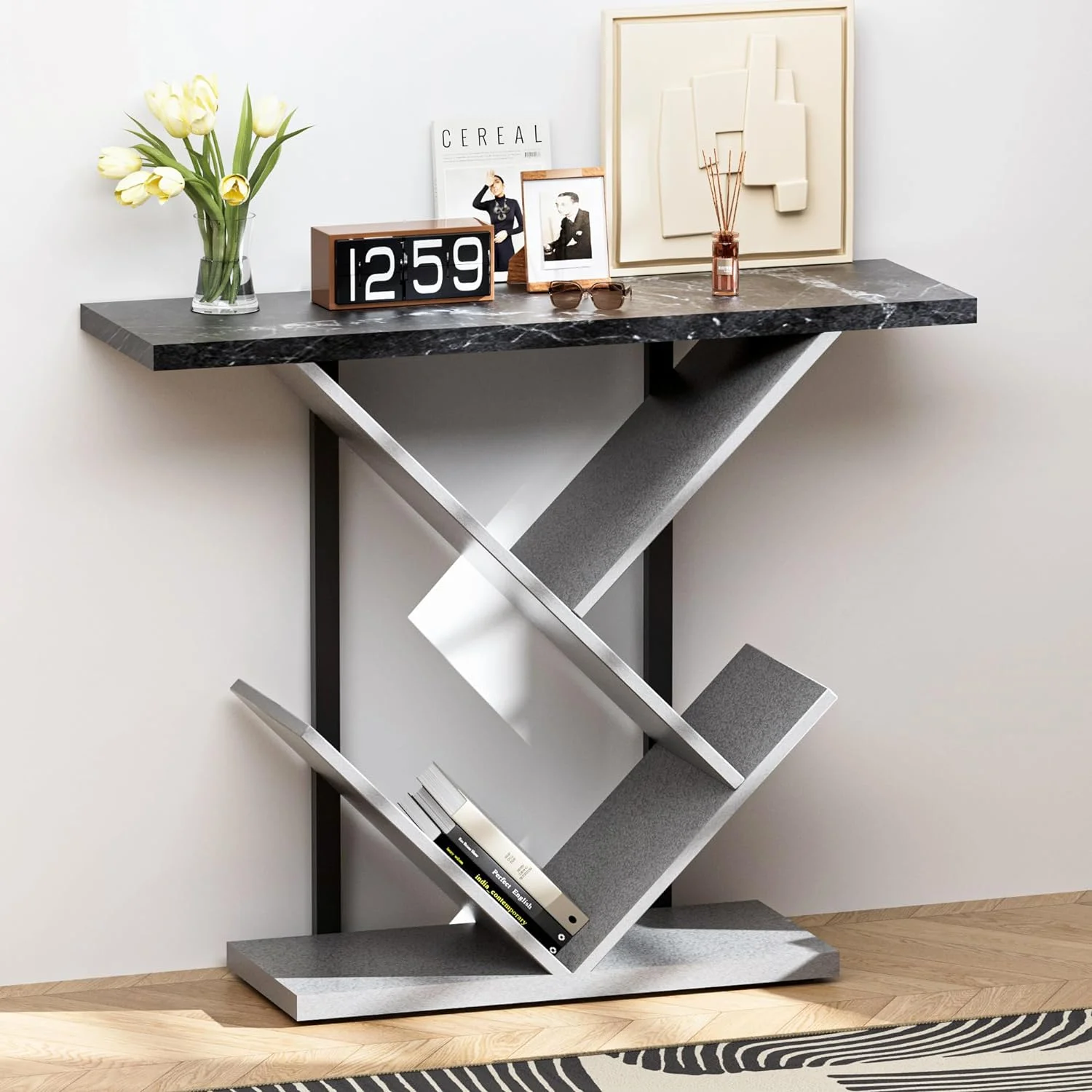 Console Table For Entryway, Living Room, Sofa - Narrow Hallway Furniture With Storage - Foyer Tables In Black Marble