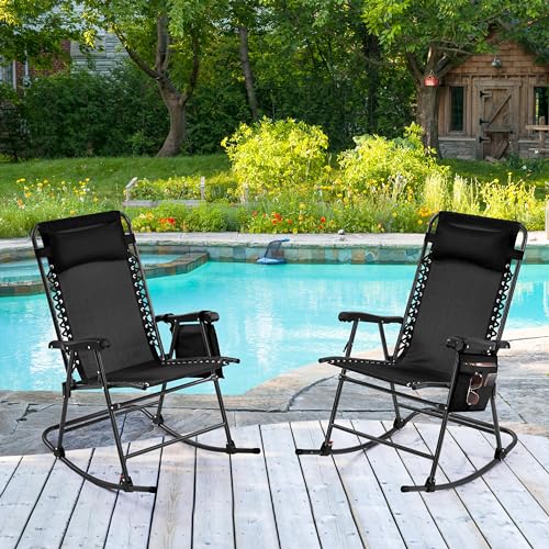 Yaheetech 26in Rocking Chair Outdoor Zero Gravity Folding Chairs Rocking Chairs Foldable Outdoor Reclining Lounge Chair for Outside Lawn with Cupholder/Pillow Ergonomic Design for Rest, Beige