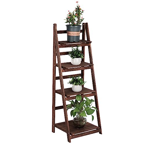 Funkeen Foldable Ladder Shelf Wood Multi Tier Plant Stand Tall Flower Pot Display Outdoor Plant Ladder Plant Holders Indoor Stand Corner Storage Bookshelf for Home Office Balcony Patio Garden White