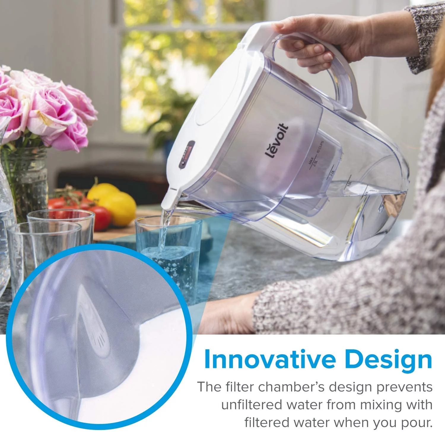 Levoit Water Filter Pitcher, 10 Cup Large, White