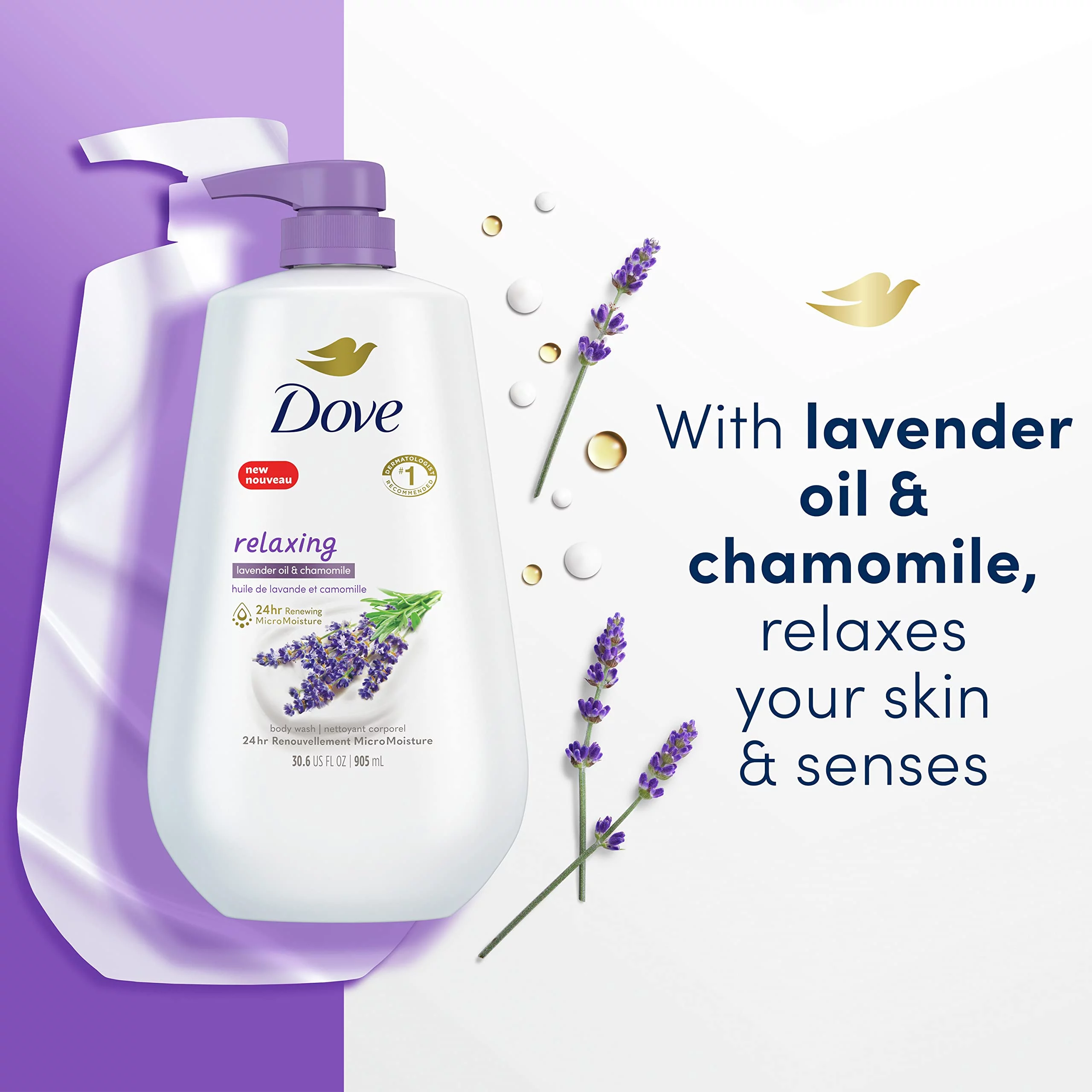 Dove Body Wash With Pump Relaxing Lavender Oil & Chamomile 3 Count For Renewed, Healthy-Looking Skin Gentle Skin Cleanser With 24Hr Renewing Micromoisture 30.6 Oz