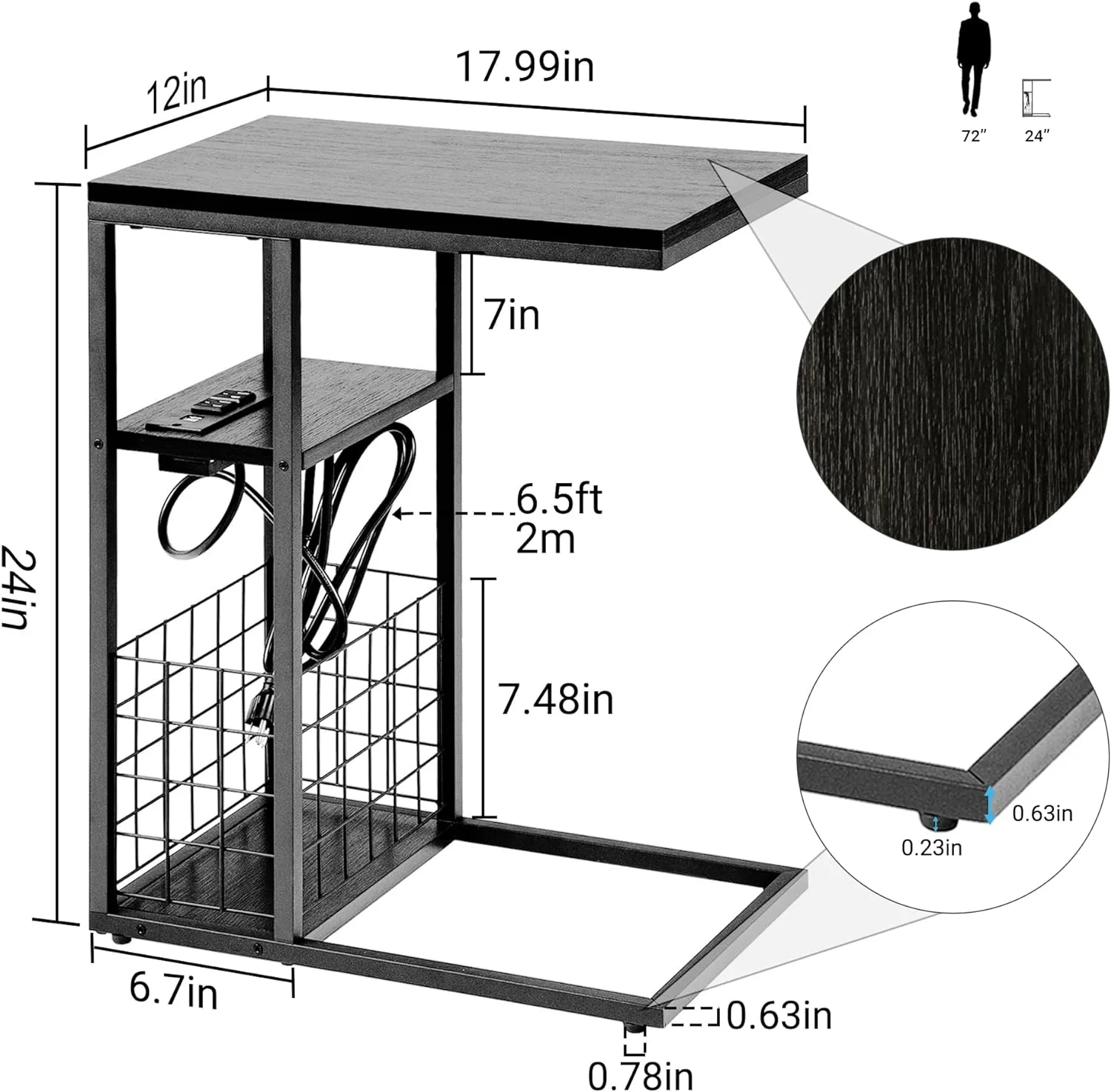 C Shaped End Table, Sofa Table, Couch Table, Bedside Tables, Includes Charging Station With 2 Power Outlets And 2-5V1A USB-A Ports, Slides Under Couch, Black Top
