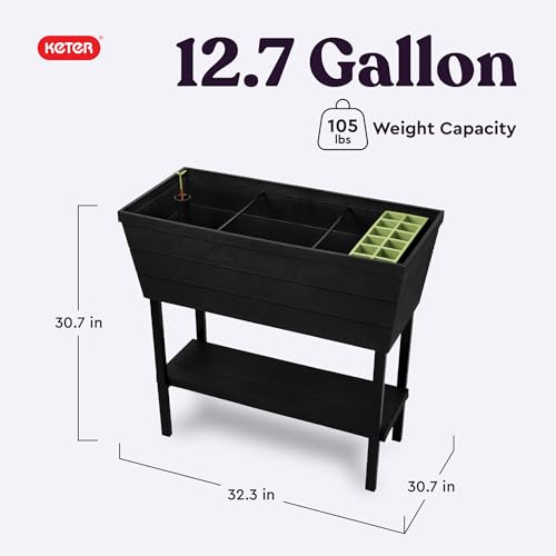 Keter Urban Bloomer 12.7 Gallon Raised Garden Bed and Outdoor Herb Garden Planter with Self Watering Gauge and Drainage Plug, Dark Grey