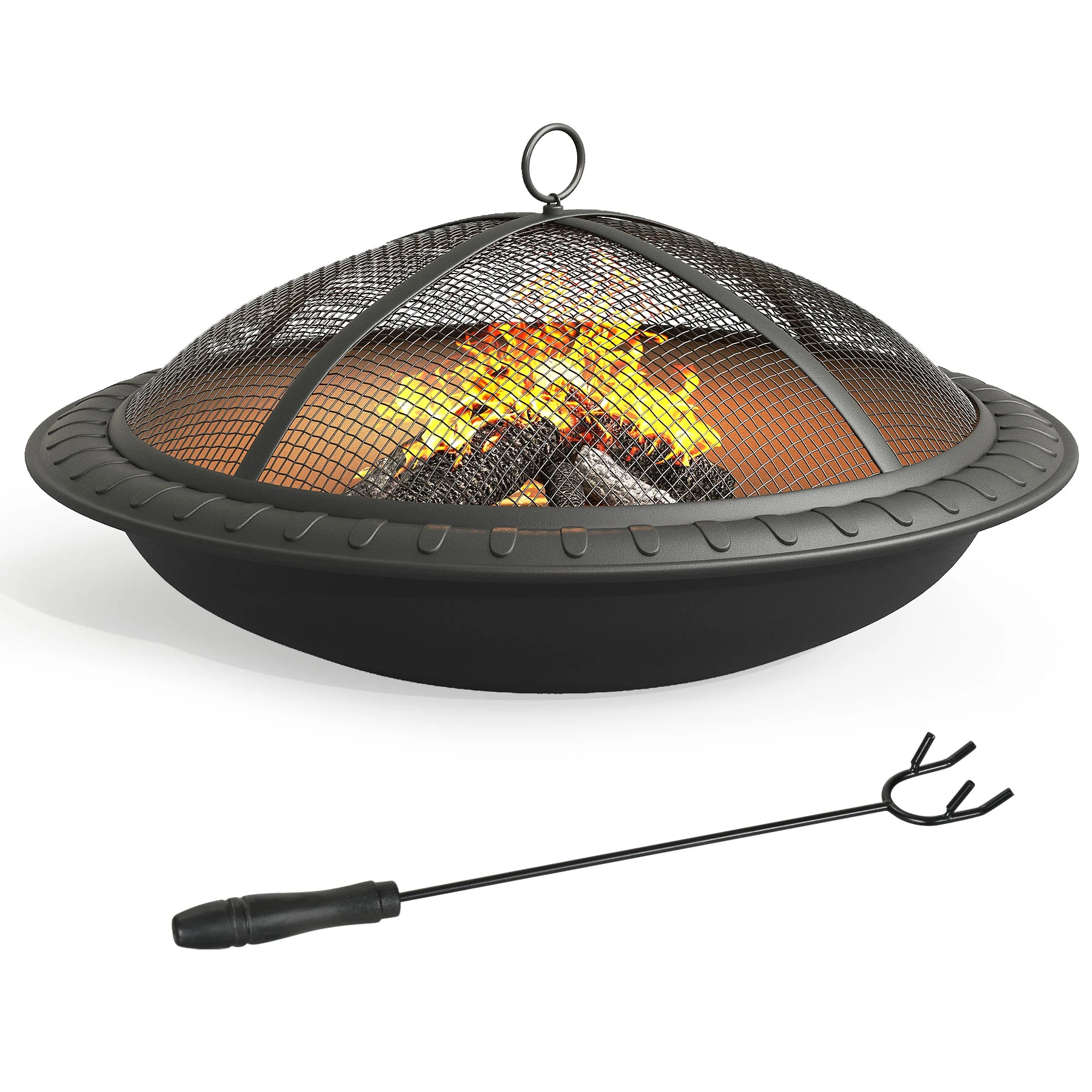 Dextrus 24'' Outdoor Round Fire Pit Bowl with Round Spark Screen, Detachable Log Grate and Poker for Camping Picnic Bonfire Patio Outside Backyard Garden