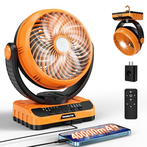 Camping Fan 40000mAh Rechargeable tent fans for camping hanging High Velocity Floor Fan Auto Oscillation Remote Control Timer Cordless Outdoor Fan for Car Travel RV Camp Hurricane Emergency