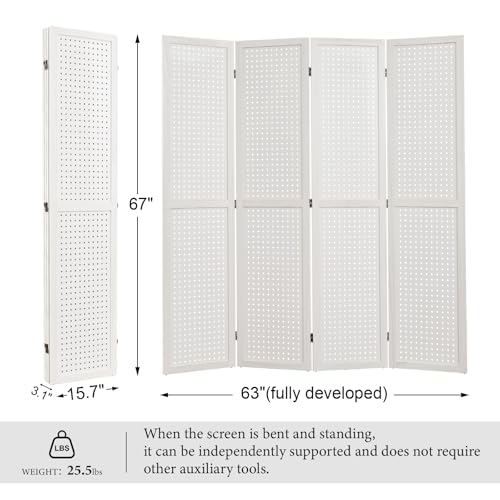 Room Divider Freestanding Folding Pegboard Privacy Screen | 4-Panel Display Stand for Jewelry, Craft Shows, Retail | Natural Wood, Portable & Space-Saving Design