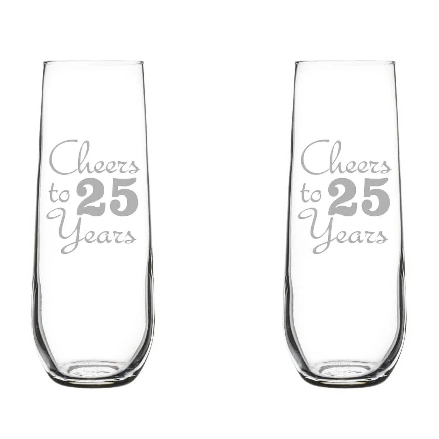 Set of 2 Glass Champagne Flutes Sparkling Wine Glasses Birthday Anniversary Cheers 25 Years (8.5 oz Stemless)