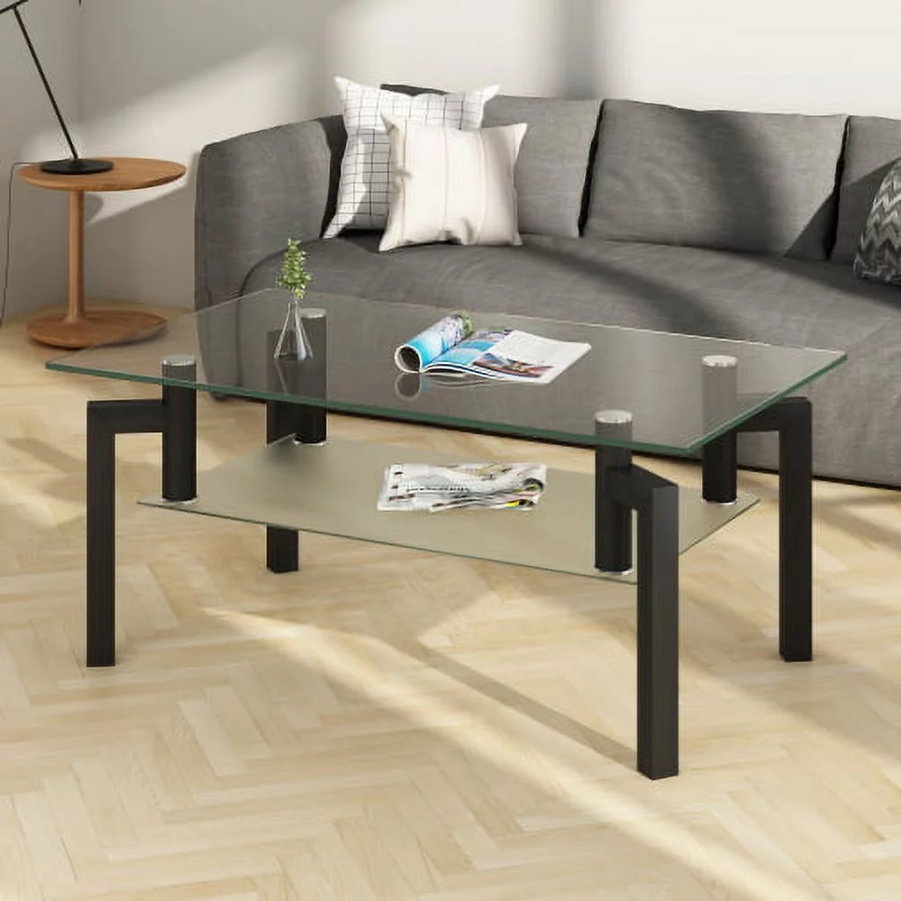 Adrinfly Rectangle Black Glass Coffee Table, Clear Coffee Table，Modern Side Center Tables for Living Room， Living Room Furniture
