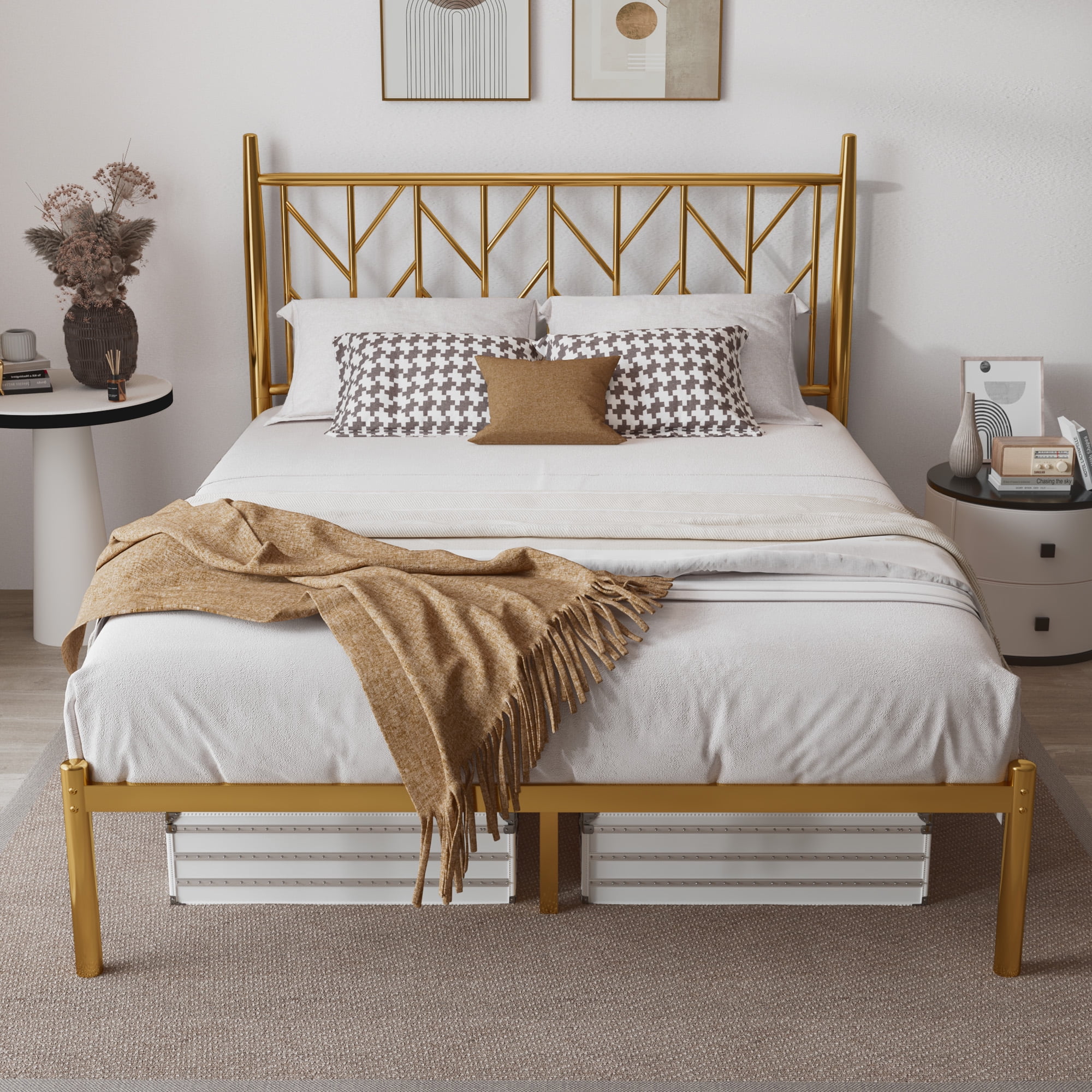 Allewie Gold Full Size Modern Platform Bed Frame with Vintage Headboard and 12'' Under-bed storage