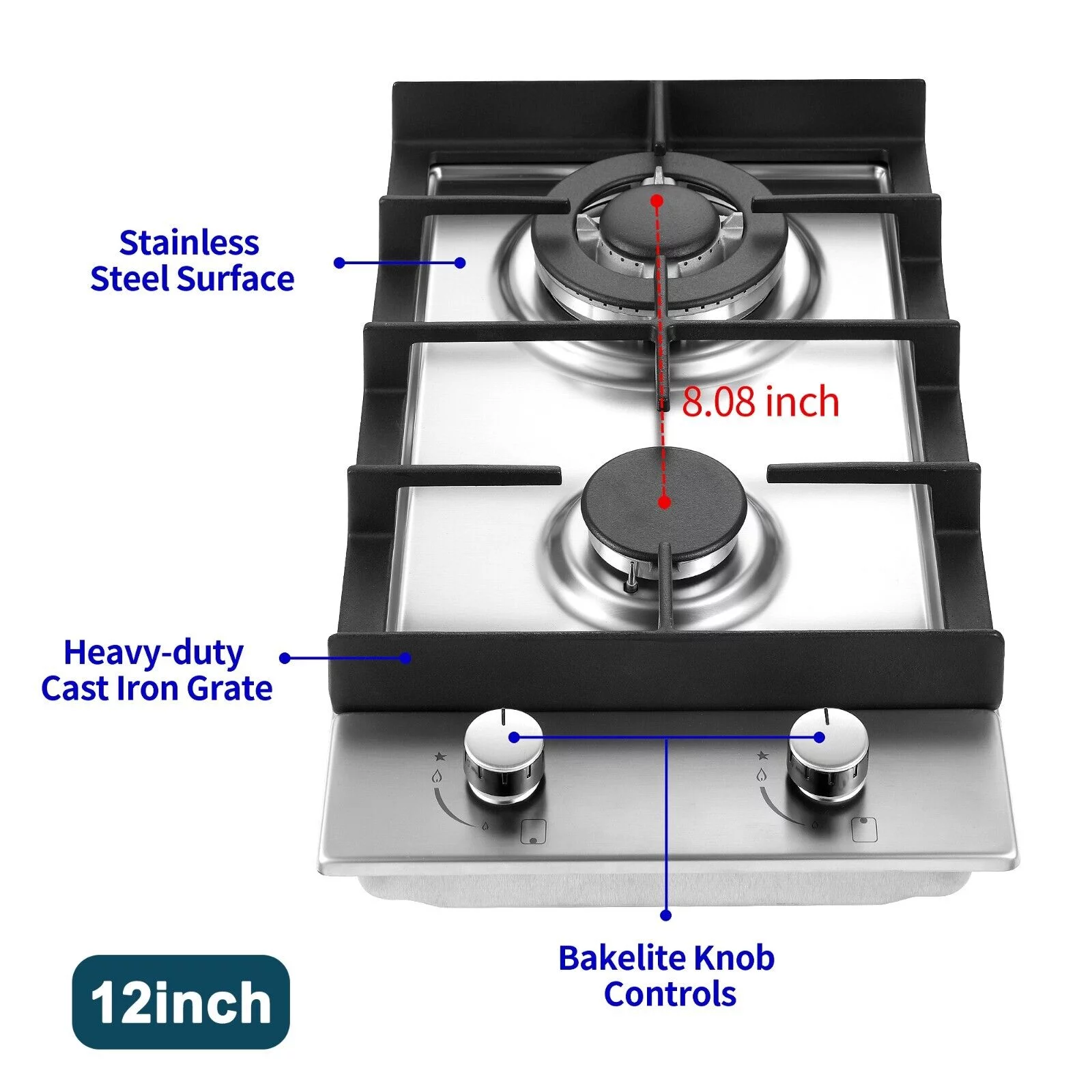 2-Burners 12inch Gas Cooktop Stainless Steel NG/LPG Convertible Built-in Burner Cooktop