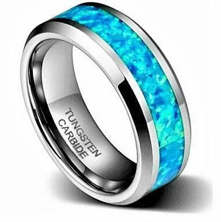Tungsten Rings for Men Wedding Bands for Him Womens Wedding Bands for Her 8mm Hawaiian Opal Blue Inlay