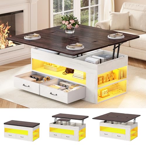 Itaar Lift Top Coffee Table, 4 in 1 Coffee Tables with Storage and Hidden Compartment, Farmhouse Coffee Table with 2 Fabric Drawers & LED Light for Living Room, Grey Oak