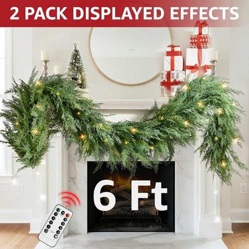 Christmas Cedar Garland Realistic with Lights - Cypress Decorations 9ft for Mantle Lighted Faux Pine Garlands for Xmas Home Decoration Indoor Stairs Railing Fireplace 9 Ft Outdoor Prelit Door Decor