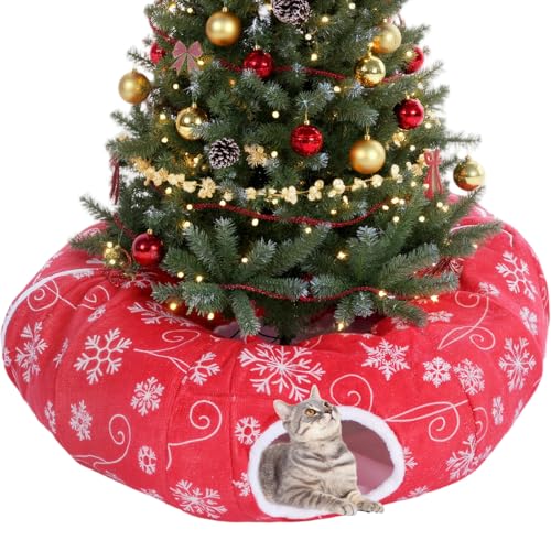 Christmas Tree Cat Tunnel Bed Cat Donut Tunnel Toy Under Christmas Tree Skirt, Flannel Kittens Cave Donut Multifunctional Hide Place for Rabbit Puppy, Snowflake Pattern(White,Gold)