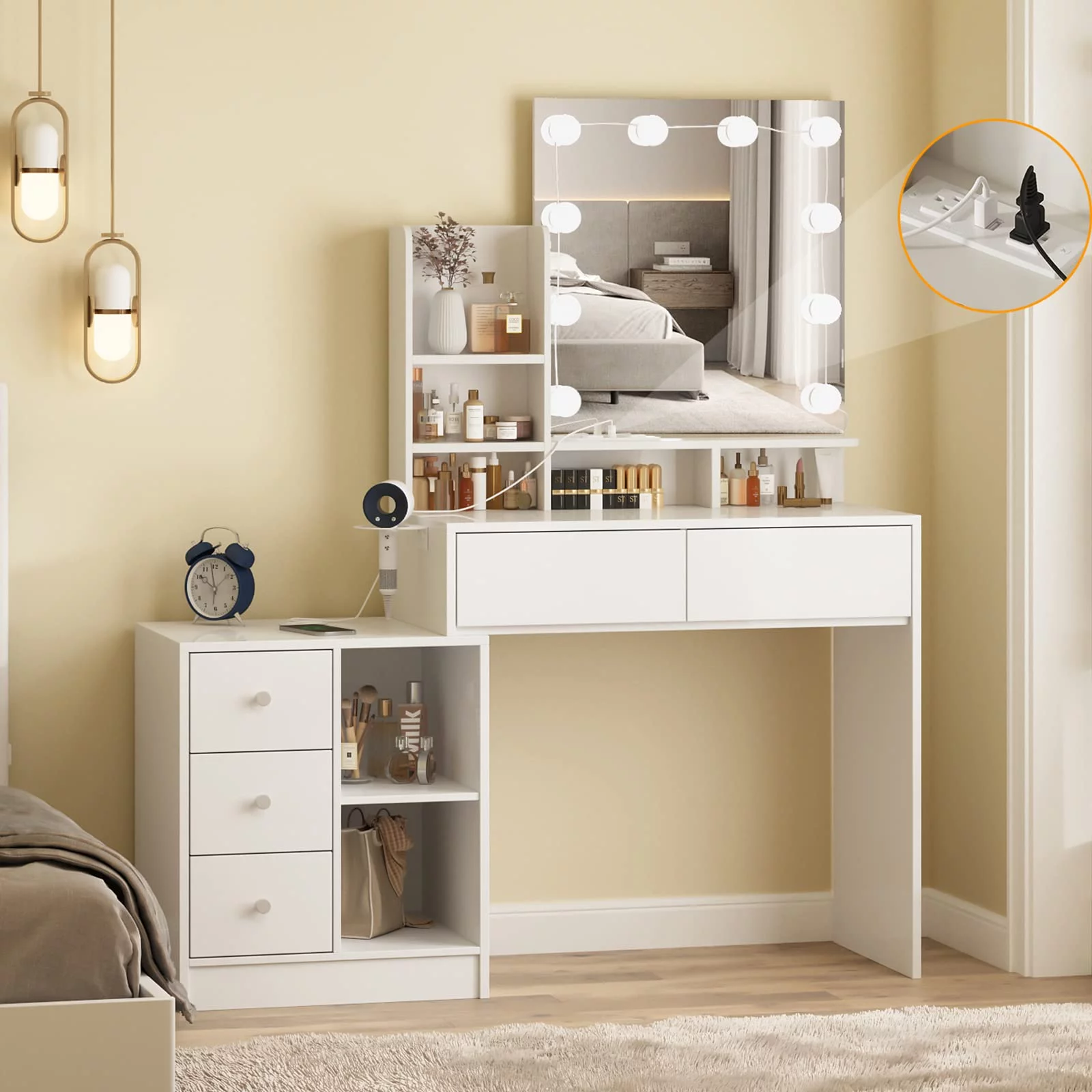 Veanerwood Makeup Vanity with Lights and Mirror, Vanity Desk Dressing Table with Power Strip and Drawers, Bedroom, 48.3in, White