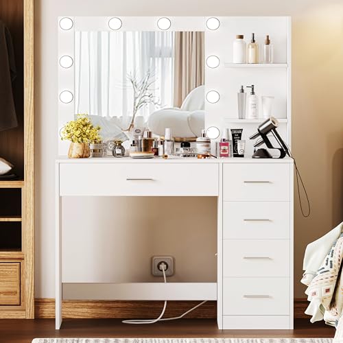 Vanity Table with Mirror and Lights, 3 Lighting Colors, Bedroom Makeup Vanity with Charging Station, Makeup Desk with 5 Drawers and Open Storage Shelves, White KES001WSZT