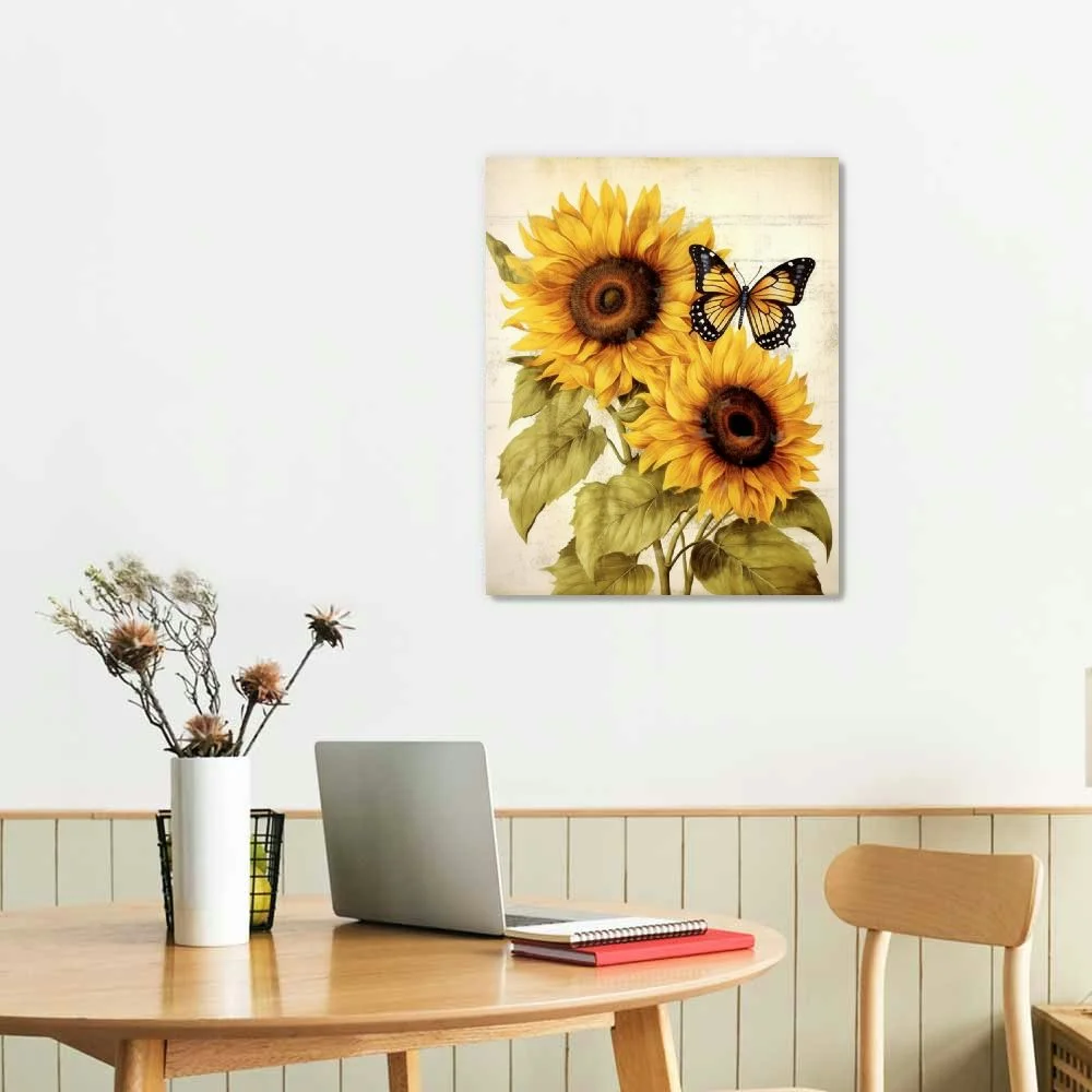 COMIO  Vintage Sunflower Wall Art Decor Sunflowers Canvas Pictures Butterfly Artwork Shabby Chic Rustic Painting Botanical Prints for Bathroom Bedroom Living Room Ready to Hang