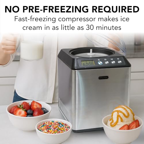 Whynter Ice Cream Maker Machine Automatic 2.1 Qt. Upright with Built-In Compressor, LCD Digital Display & Timer, No Pre-Freezing, ICM-201SB, Stainless Steel