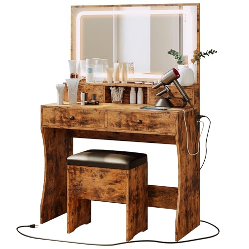 IRONCK Vanity Desk Set with LED Lighted Mirror & Power Outlet, Makeup Vanity Table with 4 Drawers,Storage Bench,Dressing Table for Bedroom, Vintage Brown