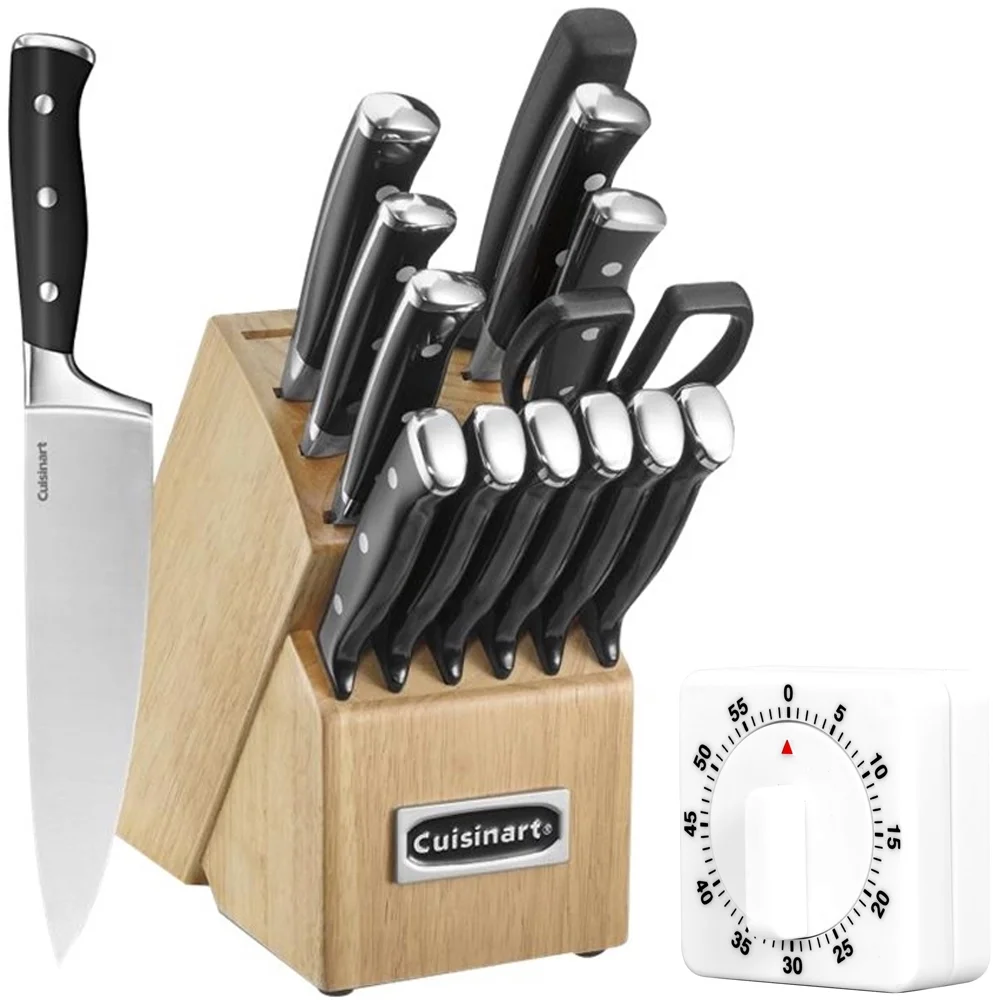 Cuisinart C77BTR-15P Triple Rivet Collection 15-Piece Cutlery Block Set Bundle with Deco Essentials Mechanical 60 Minute Kitchen Timer