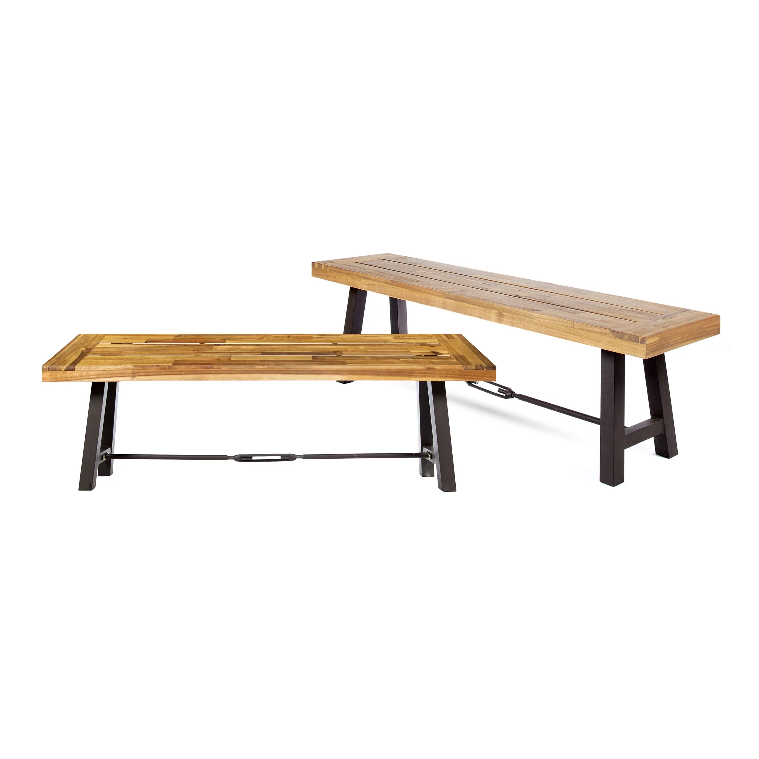 Jace Acacia Wood Outdoor Dining Benches, Set of 2, Teak and Rustic Metal