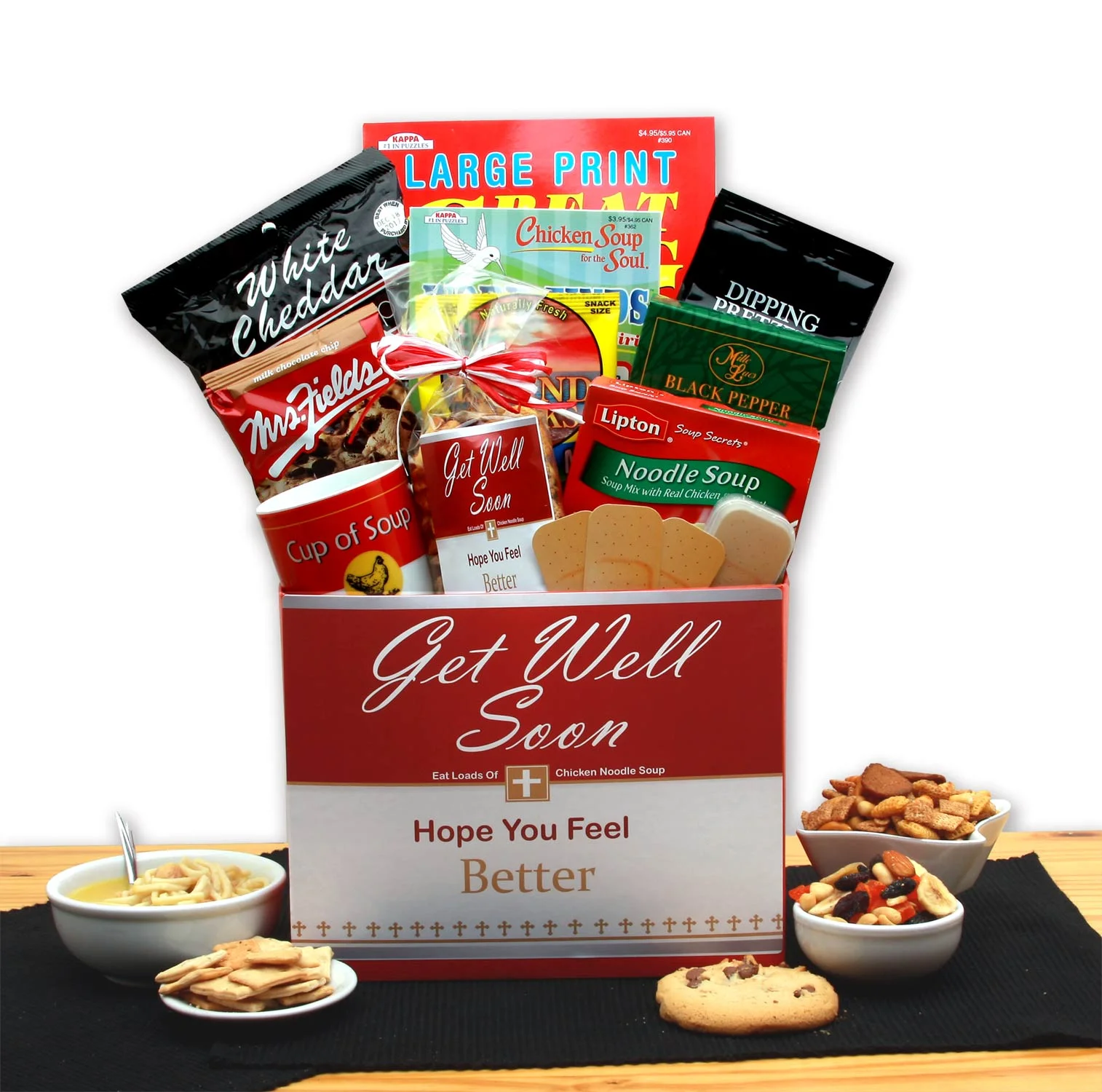 Get Well Soon Gift Basket with Chicken Noodle Soup Chocolate Chip Cookies and Pretzel Rods 12 pc Gift Box