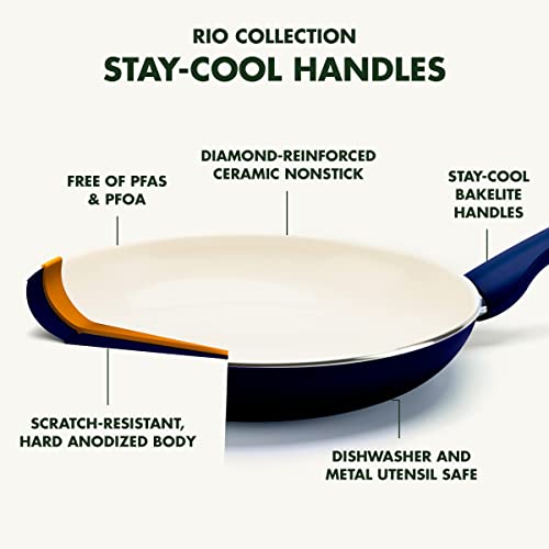 GreenPan Rio 16 Piece Cookware Pots and Pans Set, Hard Anodized Healthy Ceramic Nonstick PFAS-Free, Bakelite Handles, Frypans, Saucepan, Saute Pan, Stock Pot, Kitchen Tools, Dishwasher Safe, Black