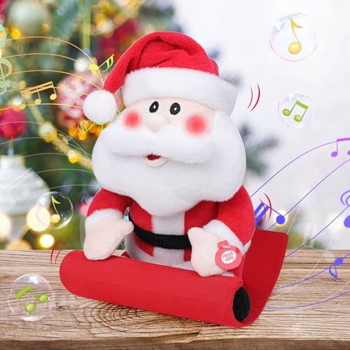 Musical Santa Claus Riding Sleigh Singing Dancing Electric Christmas Santa Stuffed Animal with Light up Cheeks, Shaking Head, Soft Plush Toy Interactive Animated Dolls Decoration Xmas Gifts