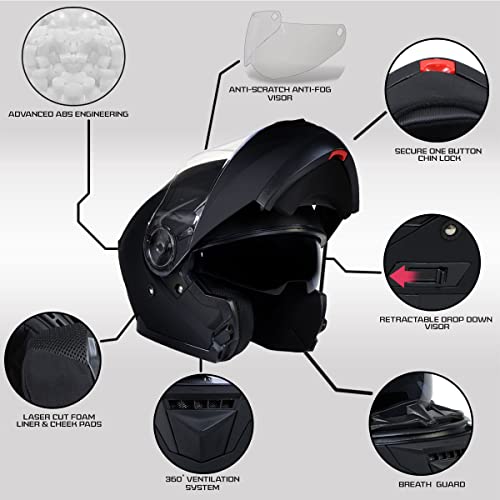 Milwaukee Helmets Breeze Flat Black Advanced Motorcycle Modular Helmet w/Drop Down Visor DOT Approved MPH9814DOT - X-Large