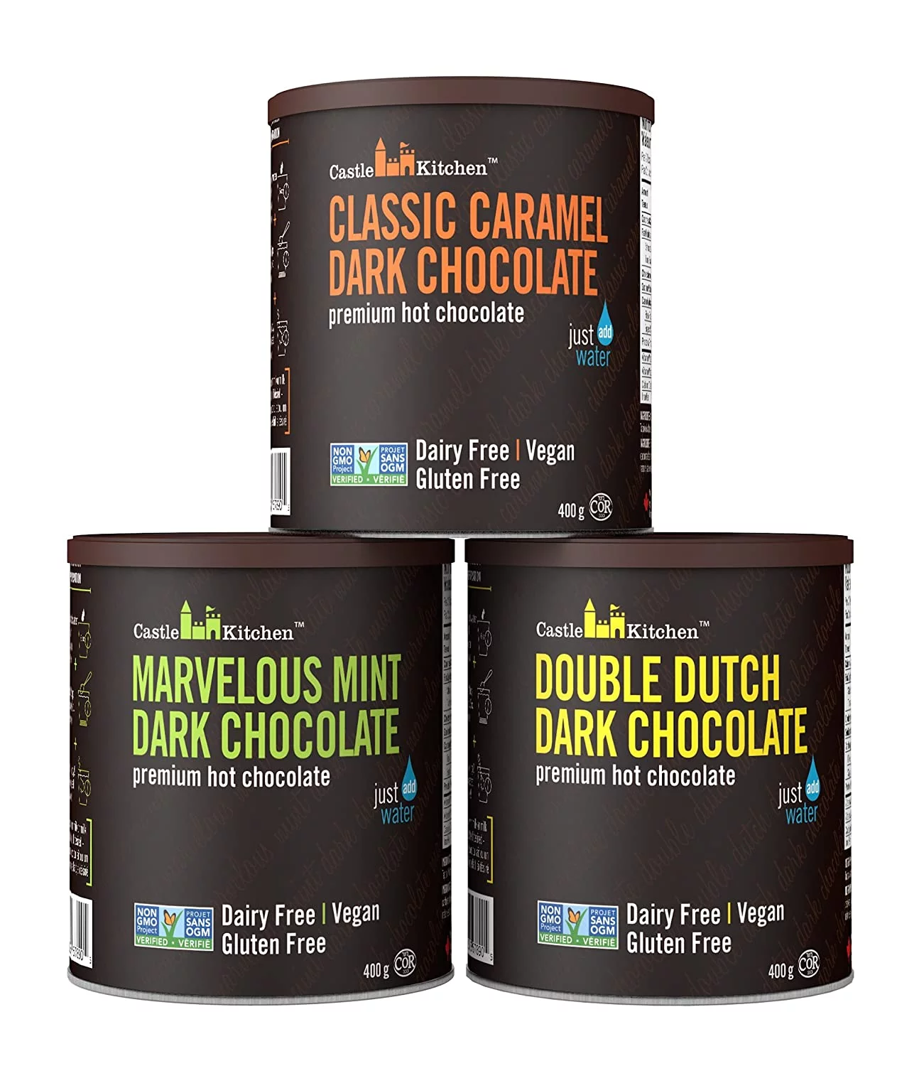 Castle Kitchen Natural Hot Chocolate Mix Variety Pack (42 Oz) - Dairy-Free, Vegan Complete Mixes - Just Add Water - Pack of 3 (Classic Caramel, Double Dutch, Marvelous Mint Dark Chocolate) 14 oz Each