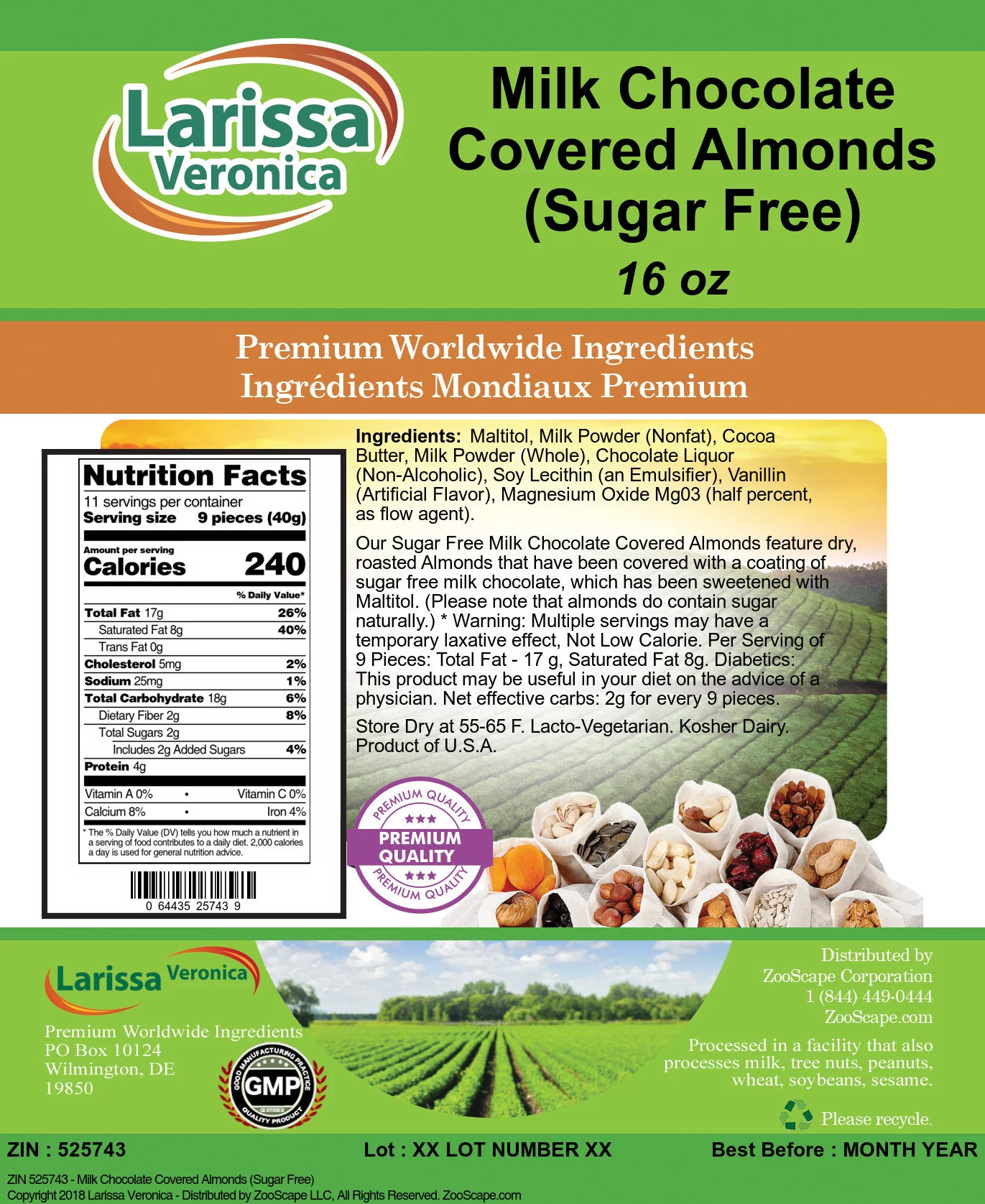 Larissa Veronica Milk Chocolate Covered Almonds (Sugar Free), (16 oz, 2-Pack, Zin: 525743)