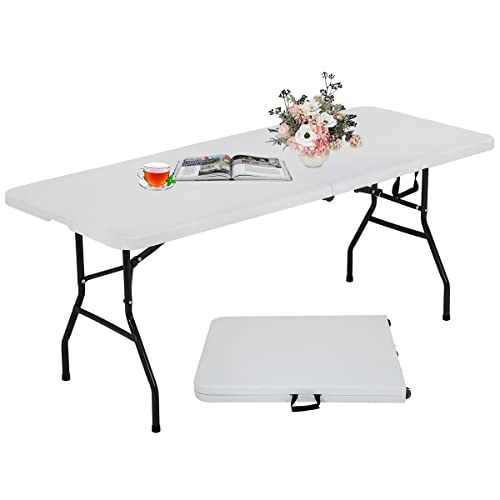 6FT Folding Table, Heavy Duty Plastic Table Portable Fold-in-Half Utility Table Indoor Outdoor Picnic Table w/Handle & Lock for Camping BBQ Party Wedding Market Events, 500LBS