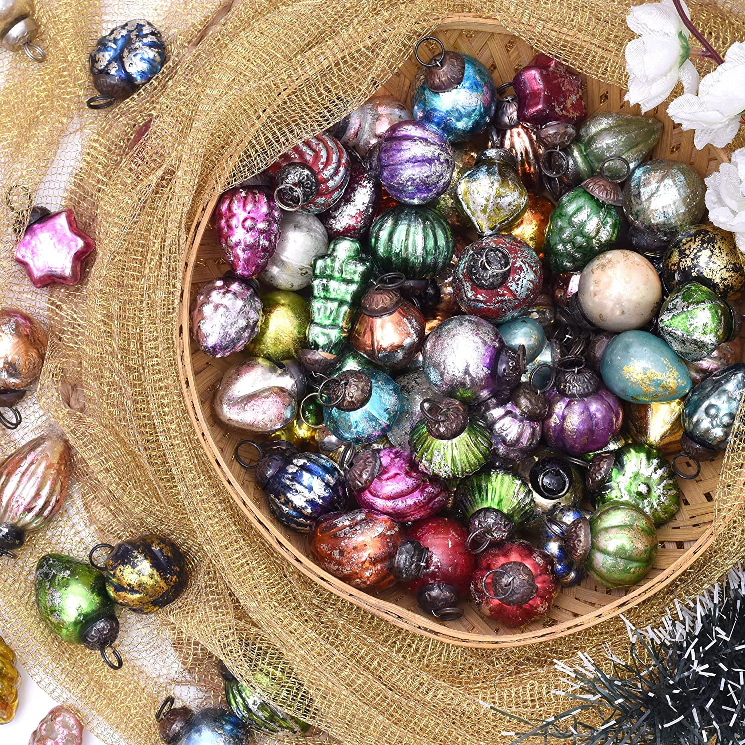 Christmas Ornaments- 75 Piece- Antique Glass Christmas Ornaments -Vintage Christmas Decorations- Vintage Retro Christmas Tree Ornaments- Christmas Tree Decorations- Mini Ornaments- Christmas Balls