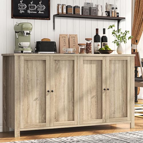 Buffet Cabinet with Storage Farmhouse Buffet Sideboard with 4 Doors, 55'' Large Kitchen Storage Cabinet Wood Coffee Bar Buffet Table for Kitchen, Dining Room, Entryway